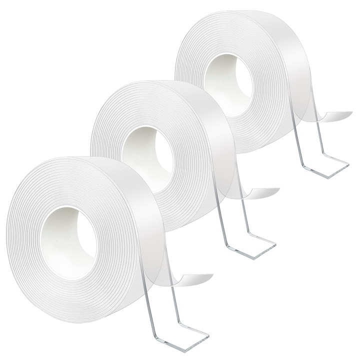 Set 3 x Banda dublu adeziva Aurov®, 2m x 3cm x 2mm, puternica cu Tehnologie Nano, Transparenta, Siliconica, Rezistenta la apa, Reutilizabila, Nu lasa urme
