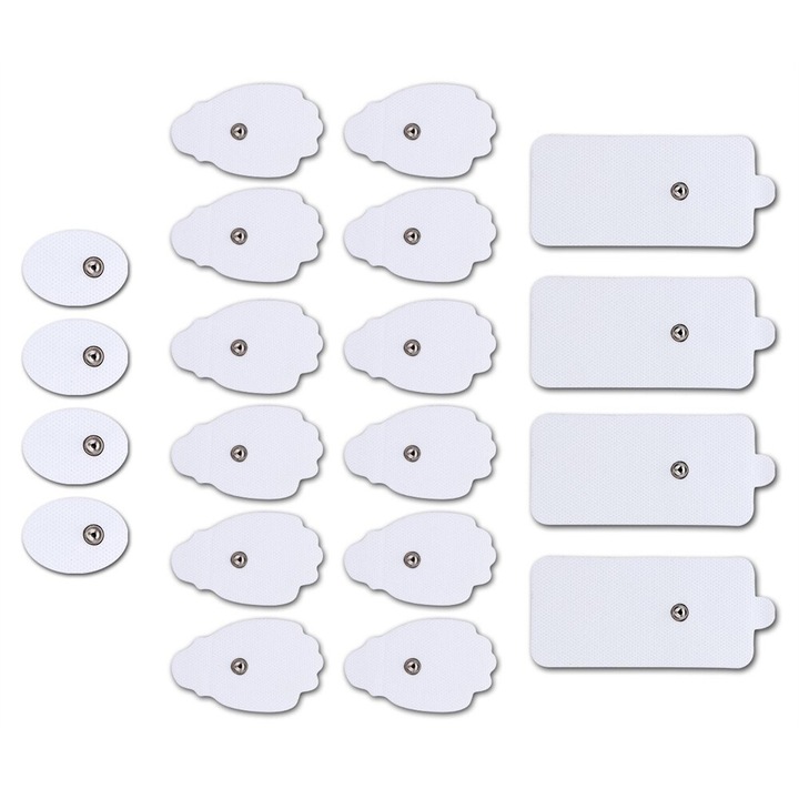 Комплект от 20 електрода за многократна употреба, съвместими с TENS масажори, различни размери, бели