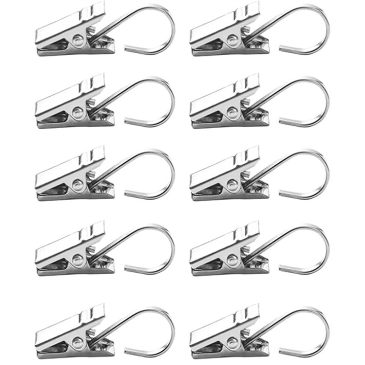 Set 10 clipsuri din inox pentru agatat perdele, multifunctionale, argintiu
