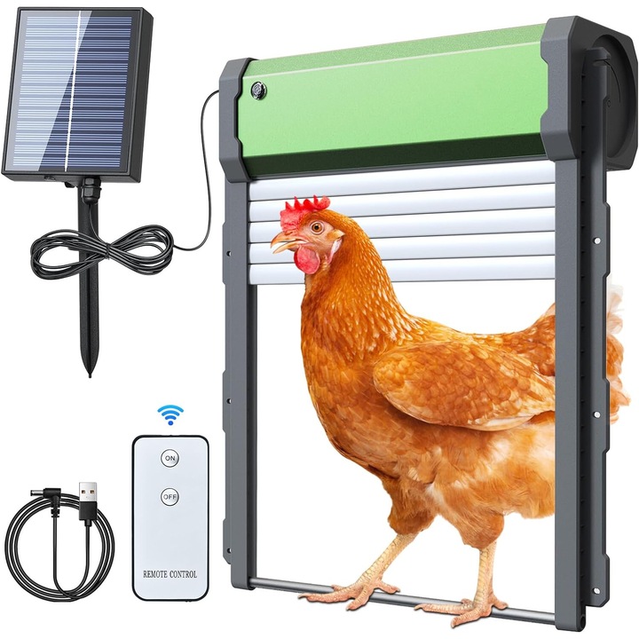 Automata ajtó csirkeólhoz, napelemmel, távirányítóval, időzítővel, fényérzékelővel, akadályérzékelővel, vízálló IP67, könnyen telepíthető és használható