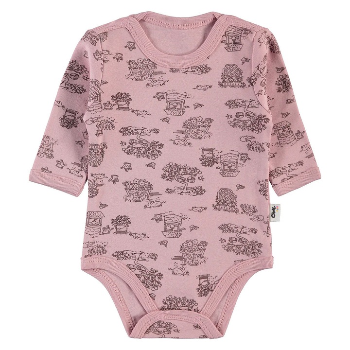 Body cu maneca lunga BABY SOFT pentru copii, ERAKIDS, imprimeu inspirat din natura/uni, 100% Bumbac PREMIUM, Roz cald