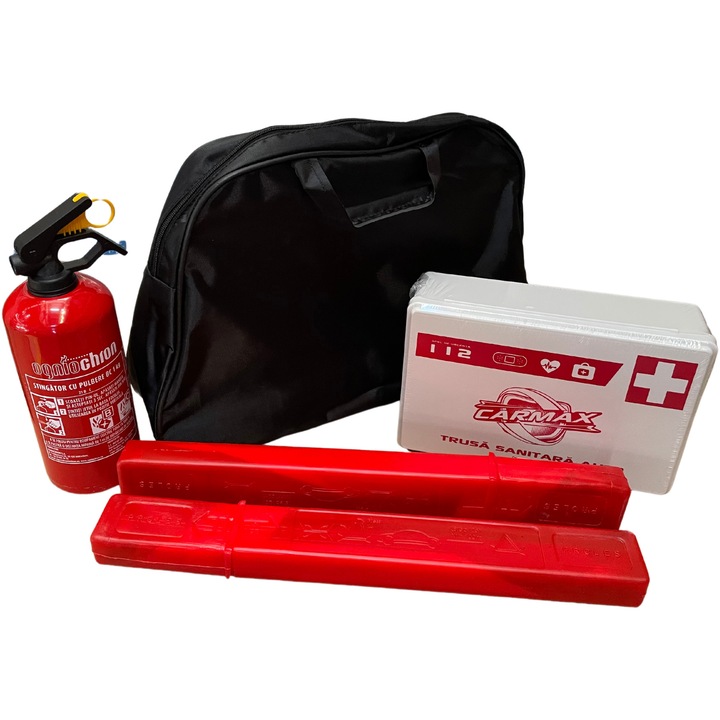 Комплект за безопасност за кола Carmax, Съдържа: медицински комплект, 1 кг пожарогасител с прах тип P1, 2 светлоотразителни триъгълника и чанта за съхранение