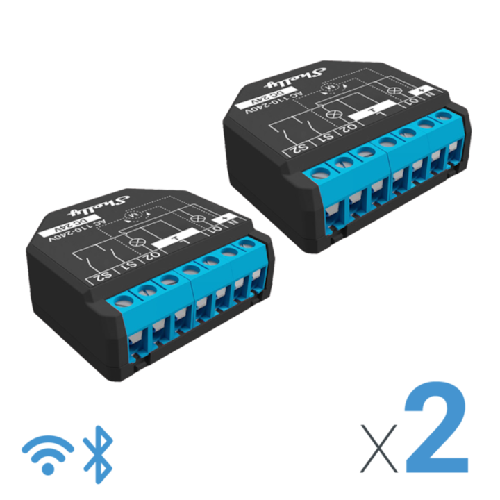 Pachet de 2 relee inteligente Shelly Plus 2PM - 2canale cu contor de energie, WiFi, control aplicatie, compatibil Amazon Alexa, Google Assistant si Home Assistant