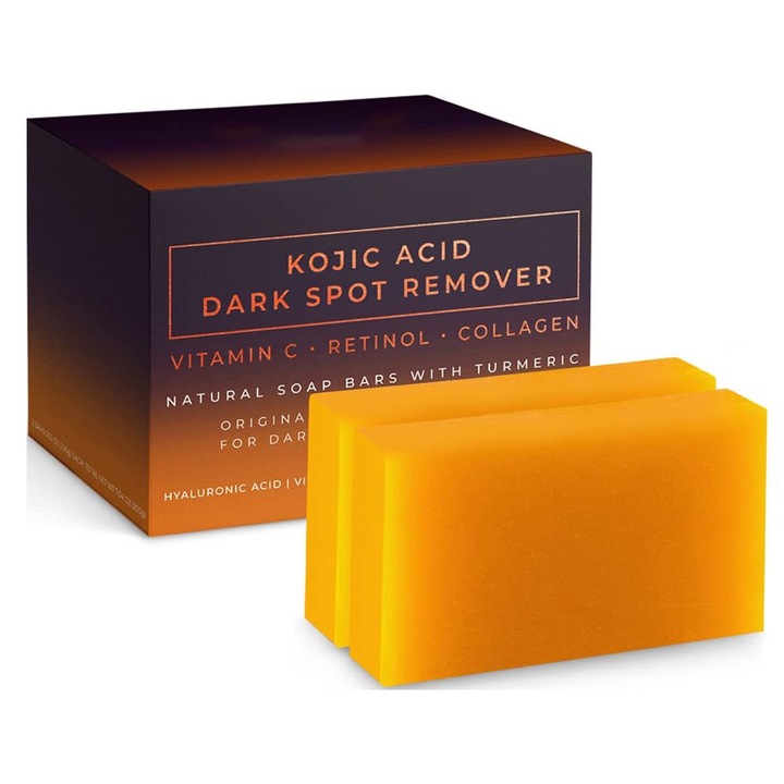 Комплект от 2 натурални активни сапуна, Ronyes, гладка и лъскава кожа, с Kojic Acid, зехтин, витамин С, ретинол, колаген, куркума, масло от ший, средство за премахване на тъмни петна, 100g