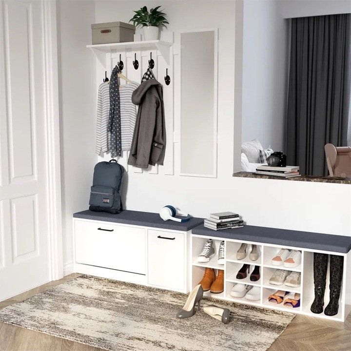 Fehér fogas 5 ellenálló kampóval és tükörrel, Pal 18 mm, 106x100 cm, multifunkcionális, MOBLETO