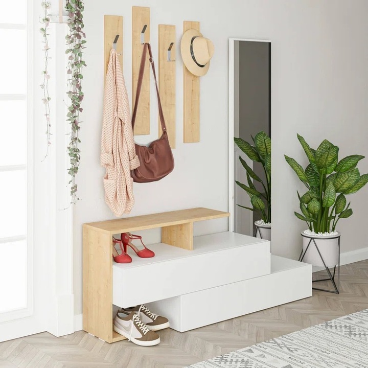 Előszoba fogas, tükörrel, modern kivitel 2 színárnyalatban, fehér és tölgy, Pal 18 mm, nagy ellenállás, 4 ellenálló akasztó, cipőtároló, ruharendezés, előszoba, MOBLETO