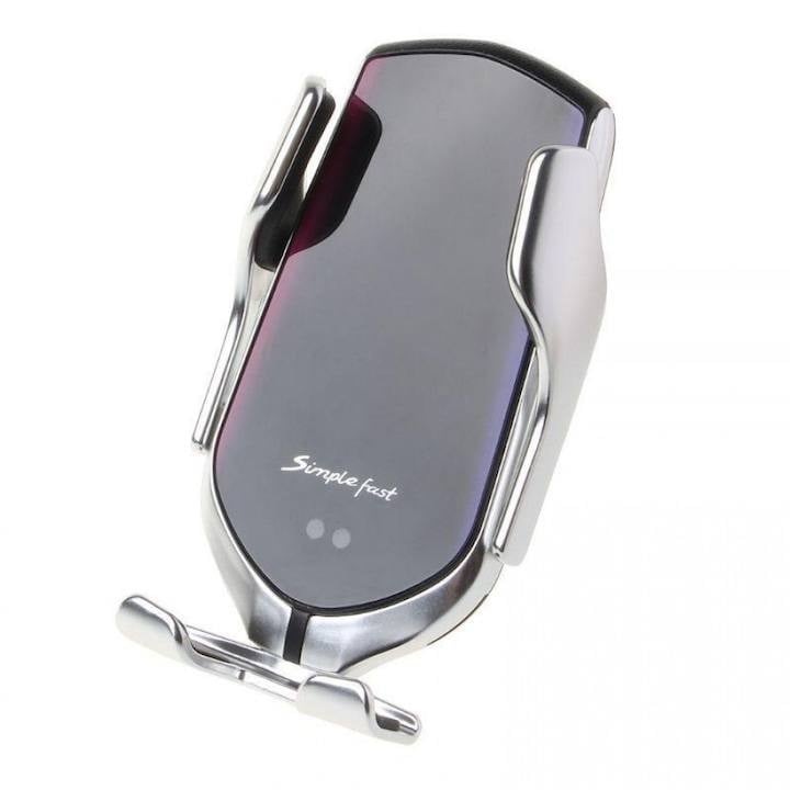 Autós telefon töltő és tartó, Vezeték nélküli, Okos érzékelő, Gyors töltés, Bilincs, Szürke