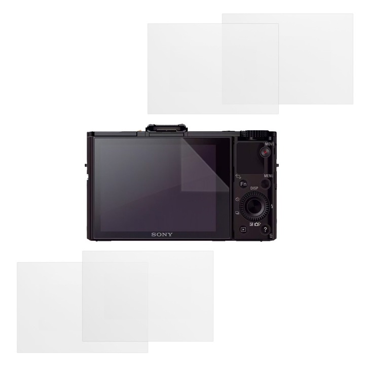 Set protectie compatibil cu Sony RX100 II, COMANDO Focus Shield, 4 Folii de Silicon Rezistente pentru Ecran, Anti-Reflexie, Anti-zgarieturi, Proprietati Regenerabile, Protectie Anti-Amprente, Aplicare usoara, Gri Transparent
