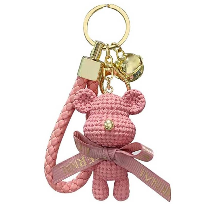 Medve kulcstartó masnival, rózsaszín, 4,5x6,4 cm