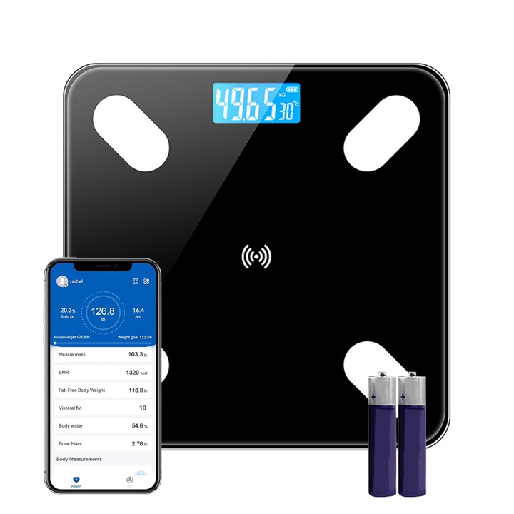 Cantar Electronic Inteligent Teno®, pentru baie, corporal, aplicatie smart, indicator greutate/baterie/temperatura, conectare bluetooth, afisaj digital, greutate maxima suportata 180 kg, negru