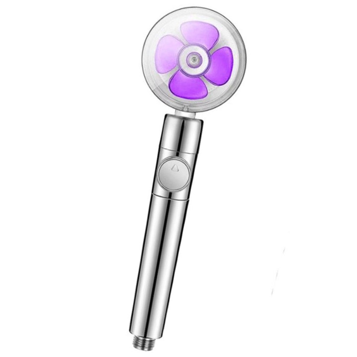 Para de Dus GREATON cu Jet Puternic, Elice Incorporata, Cap Rotativ 360°, Buton Oprire/Pornire, Reglare Presiune Apa, Filtru Impuritati Inglobat, Plastic, Argintiu/Mov