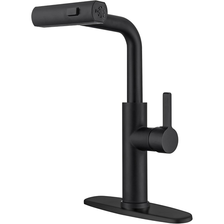 Кухненски смесител, С издърпващ се душ и режими на работа, 3 в 1, За мивка, 360 градуса, Безоловна неръждаема стомана, Бърз монтаж, Черен