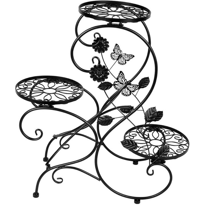 Suport pentru plante, Hyner, 3 nivele, design S cu decoratii, negru, 66x57x6.5cm