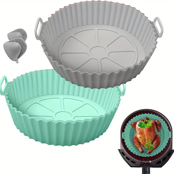 Tampoane de silicon cu friteuza cu aer cald de 8 inci, reutilizabil, pachet de 2, albastru si gri