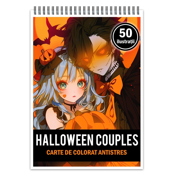 Carte de colorat pentru relaxare si antistres, 50 de ilustratii, Anime Halloween Couples, Editura Legendary Print, 106 pagini