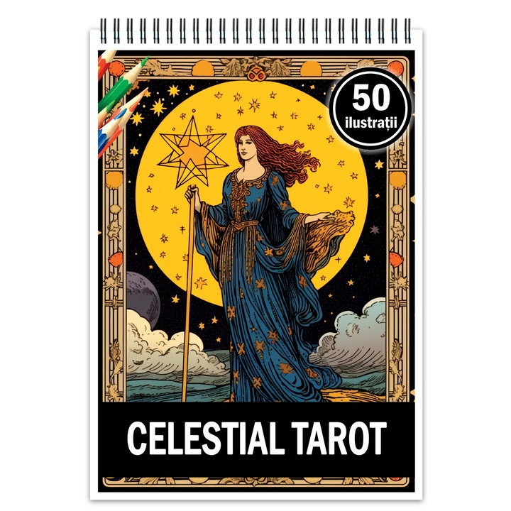 Carte de colorat pentru relaxare si antistres, 50 de ilustratii, Celestial Tarot, Editura Legendary Print, 106 pagini