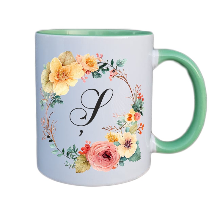 Cana personalizata cu initiala numelui, alba cu interior si maner verde, 350ml, Colectia Flori-Alfabet, litera Sh