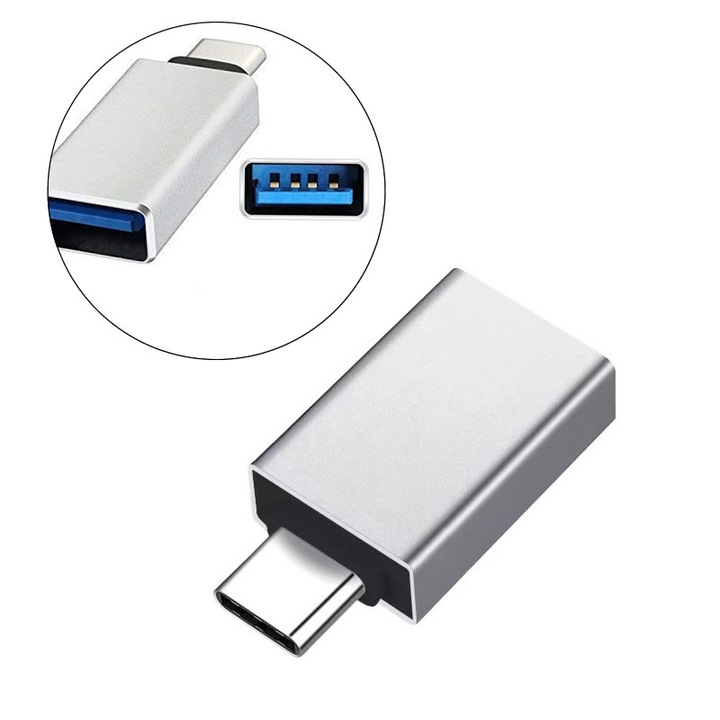 Adaptoare USB-C la USB 3.0, OTG, 5Gbps, Aluminiu, Argintiu