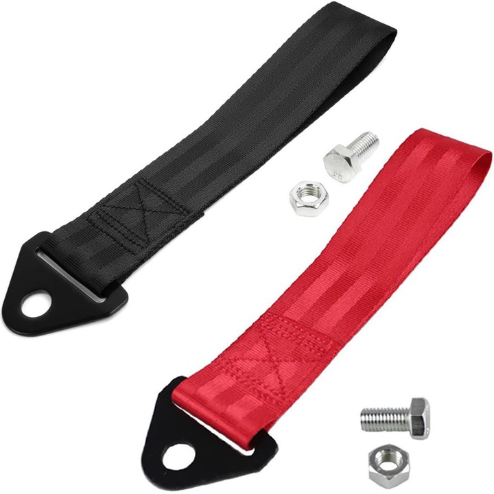 Комплект от 2 спортни въжета за теглене на автомобили, 5.5х28см, Черен/Червен