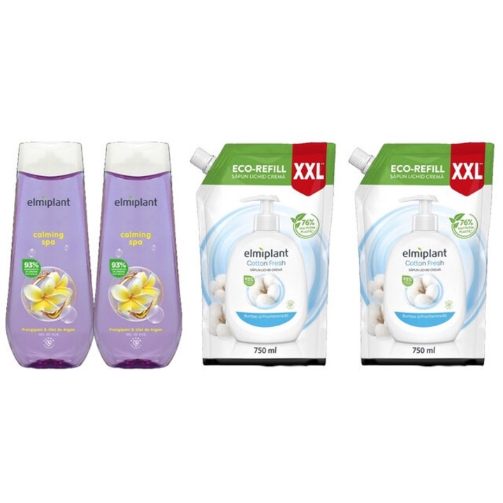 Elmiplant Комплект за лична хигиена 4 x Компоненти, 2 x Крем душ гел 400 ml Calming Spa, 2 x Резервен течен сапун 750 ml Cotton Fresh, ефективно почистване, интензивна хидратация, лесно нанасяне, предотвратява дразнене, дерматологично тестван