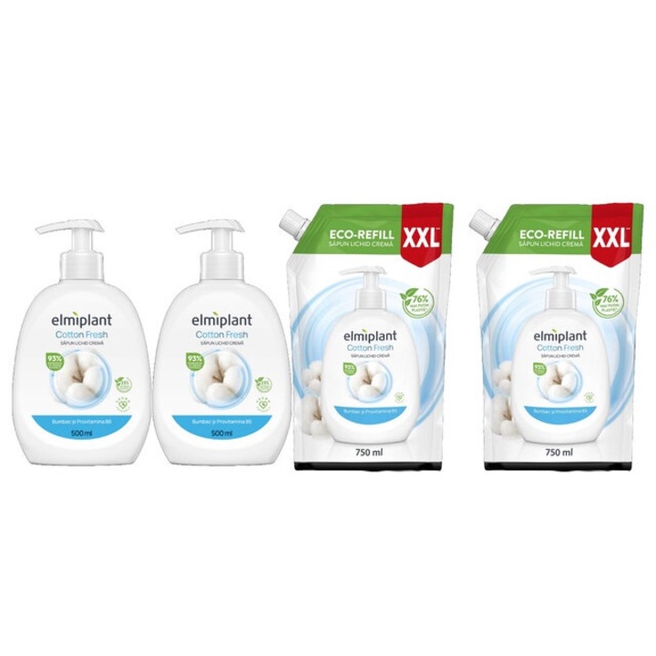 Elmiplant Комплект за лична хигиена 4 x Компоненти, 2 x Течен сапун 500 ml Cotton Fresh, 2 x Резервен течен сапун 750 ml Cotton Fresh, ефективно почистване, интензивна хидратация, лесно нанасяне, предотвратява дразнене, дерматологично тестван