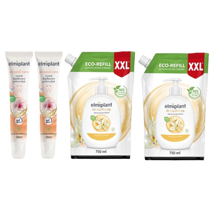 Elmiplant Комплект за лична хигиена 4 x компонента, 2 x депилиращ крем за лице 20 ml Almond Care, 2 x пълнител течен сапун 750 ml бели венчелистчета, ефективно почистване, интензивна хидратация, лесно нанасяне, предотвратява дразнене