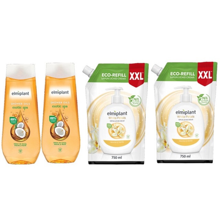 Elmiplant Комплект за лична хигиена 4 x Компоненти, 2 x Крем душ гел 400 ml Exotic Spa, 2 x Резервен течен сапун 750 ml White Petals, ефективно почистване, интензивна хидратация, лесно нанасяне, предотвратява дразнене, дерматологично тестван