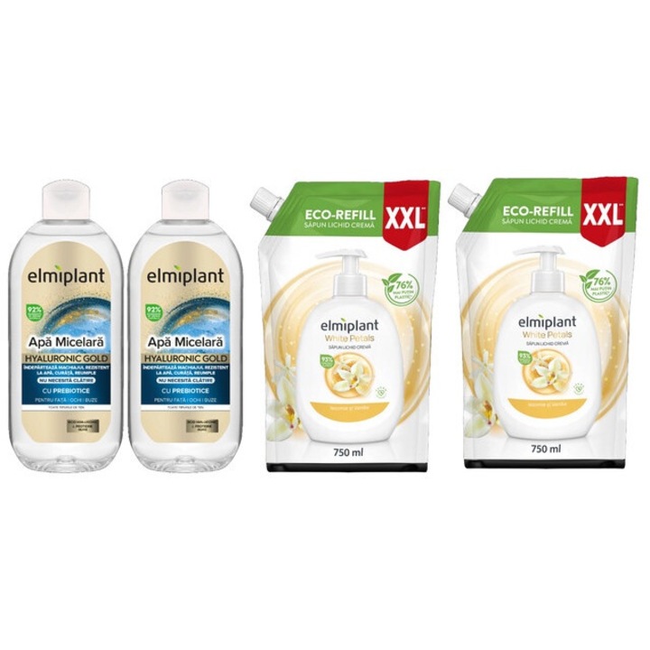 Elmiplant Комплект за лична хигиена 4 x Компоненти, 2 x Мицеларна вода 400 ml Hyaluronic Gold, 2 x Резервен течен сапун 750 ml White Petals, ефективно почистване, интензивна хидратация, лесно нанасяне, предотвратява дразнене, дерматологично тестван