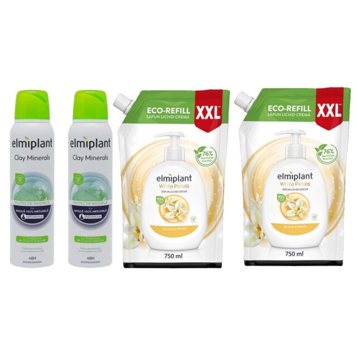 Elmiplant Комплект за лична хигиена 4 x Компоненти, 2 x Дезодорант спрей 150 ml Глинени минерали, 2 x Резервен течен сапун 750 ml White Petals, ефективно почистване, интензивна хидратация, лесно нанасяне, предотвратява дразнене, дерматологично тестван
