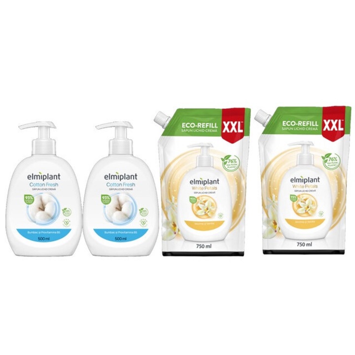 Elmiplant Комплект за лична хигиена 4 x Компоненти, 2 x Течен сапун 500 ml Cotton Fresh, 2 x Резервен течен сапун 750 ml White Petals, ефективно почистване, интензивна хидратация, лесно нанасяне, предотвратява дразнене, дерматологично тестван