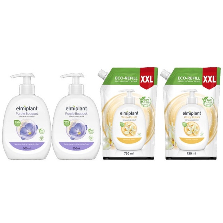 Elmiplant Комплект за лична хигиена 4 x Компоненти, 2 x Течен сапун 500 ml Purple Bouquet, 2 x Резервен течен сапун 750 ml White Petals, ефективно почистване, интензивна хидратация, лесно нанасяне, предотвратява дразнене, дерматологично тестван