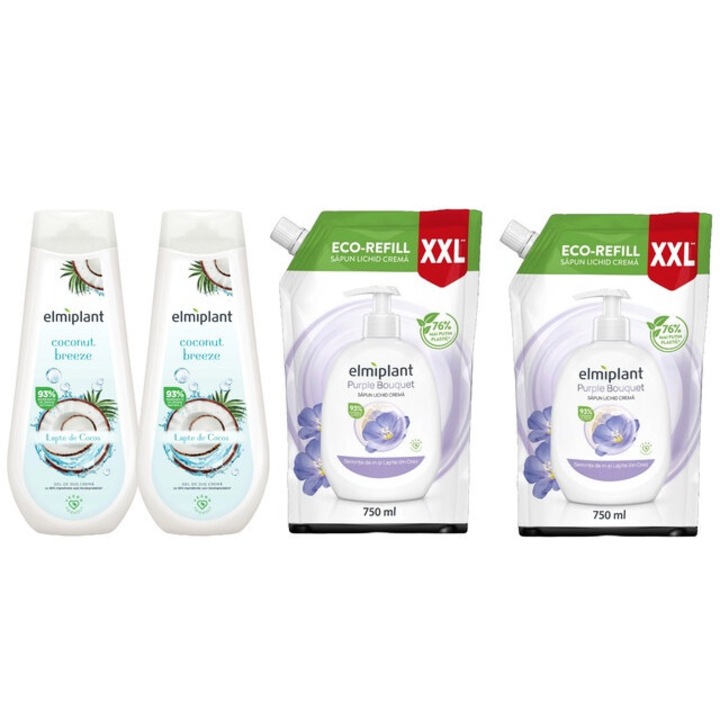Elmiplant Комплект за лична хигиена 4 x компонента, 2 x душ гел крем 400 ml кокосов бриз, 2 x резервен течен сапун 750 ml лилав букет, ефективно почистване, интензивна хидратация, лесно нанасяне, предотвратява дразнене, дерматологично тестван
