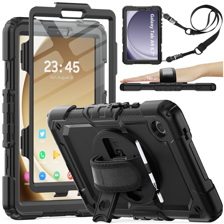Калъф с каишка за ръка, Съвместим с Samsung Galaxy Tab A9 8.7 инча, Модел: SM-X110/X115/X117, въртене на 360°, универсална оптична сензорна писалка (не презареждаема) 2023 (черна)