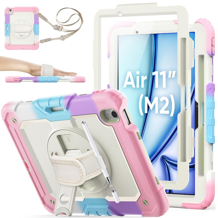 iPad Air 11 hüvelykes 2024 M2 (Air hatodik generációs) kompatibilis tok, univerzális optikai tollal (nem újratölthető), ütésálló védőtok, ütésálló, rózsaszín
