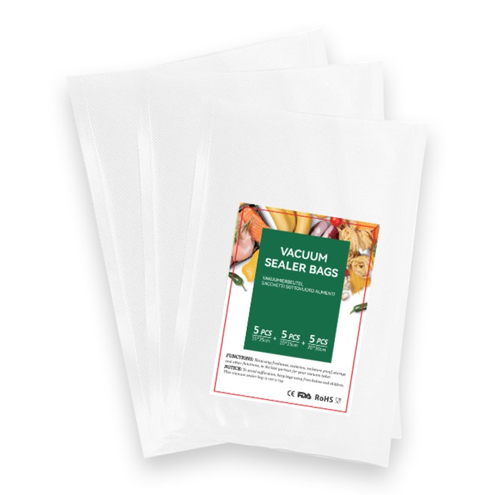 Set De 15 Pungi Vidat Gofrate Cocococa Life Hall, Pentru Aparat De Vidat Alimente,20X25cm/15X25cm/20X30cm, Rezistente La Gatitul Sous Vide Si Cuptorul Cu Microunde, Fara Bpa, Rezistente La Intepaturi Si Rupere, Transparent