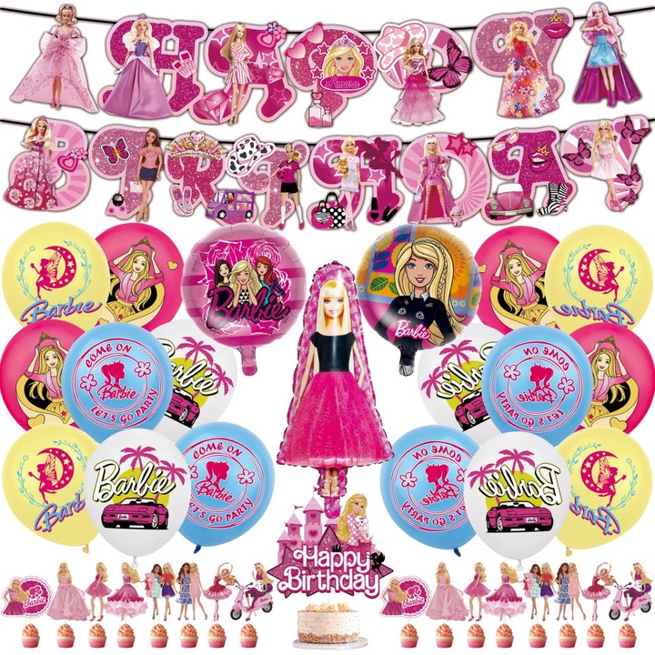 Set 37 aniversare petrecere Barbie, 19 baloane, banner Happy Birthday, 16 cupcake toppers, 1 cake topper, multicolor