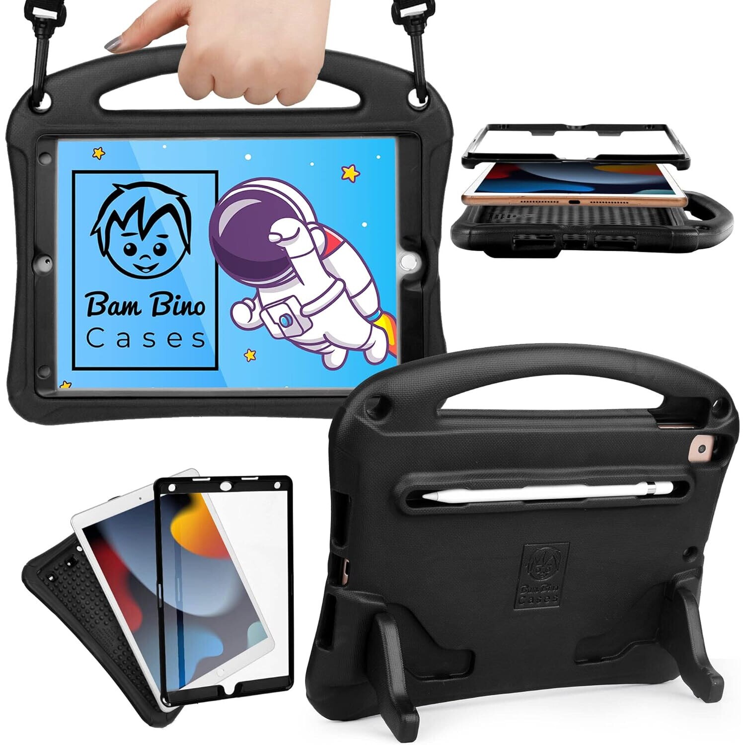 Husa Bam Bino pentru iPad 10.5 inch, ideala pentru copii, cu curea de umar, negru