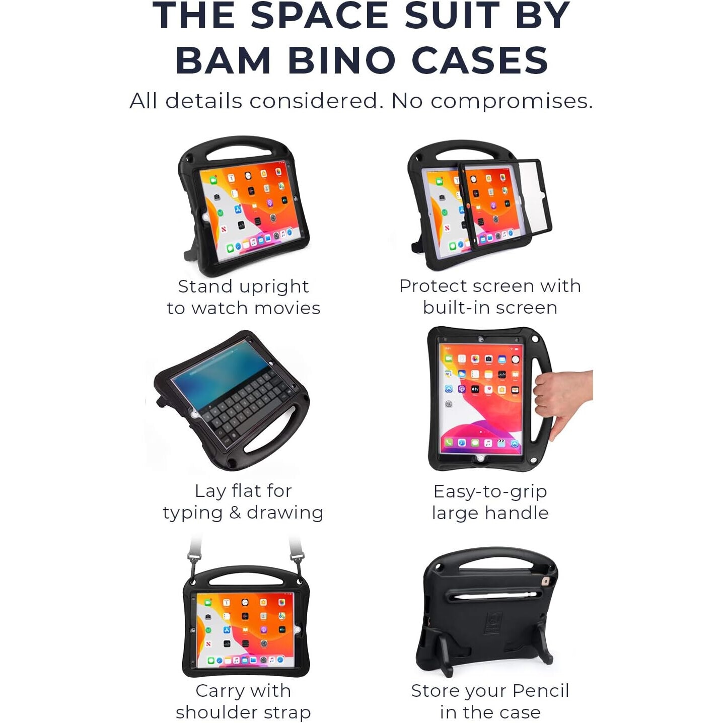 Husa Bam Bino pentru iPad 10.5 inch, ideala pentru copii, cu curea de umar, negru