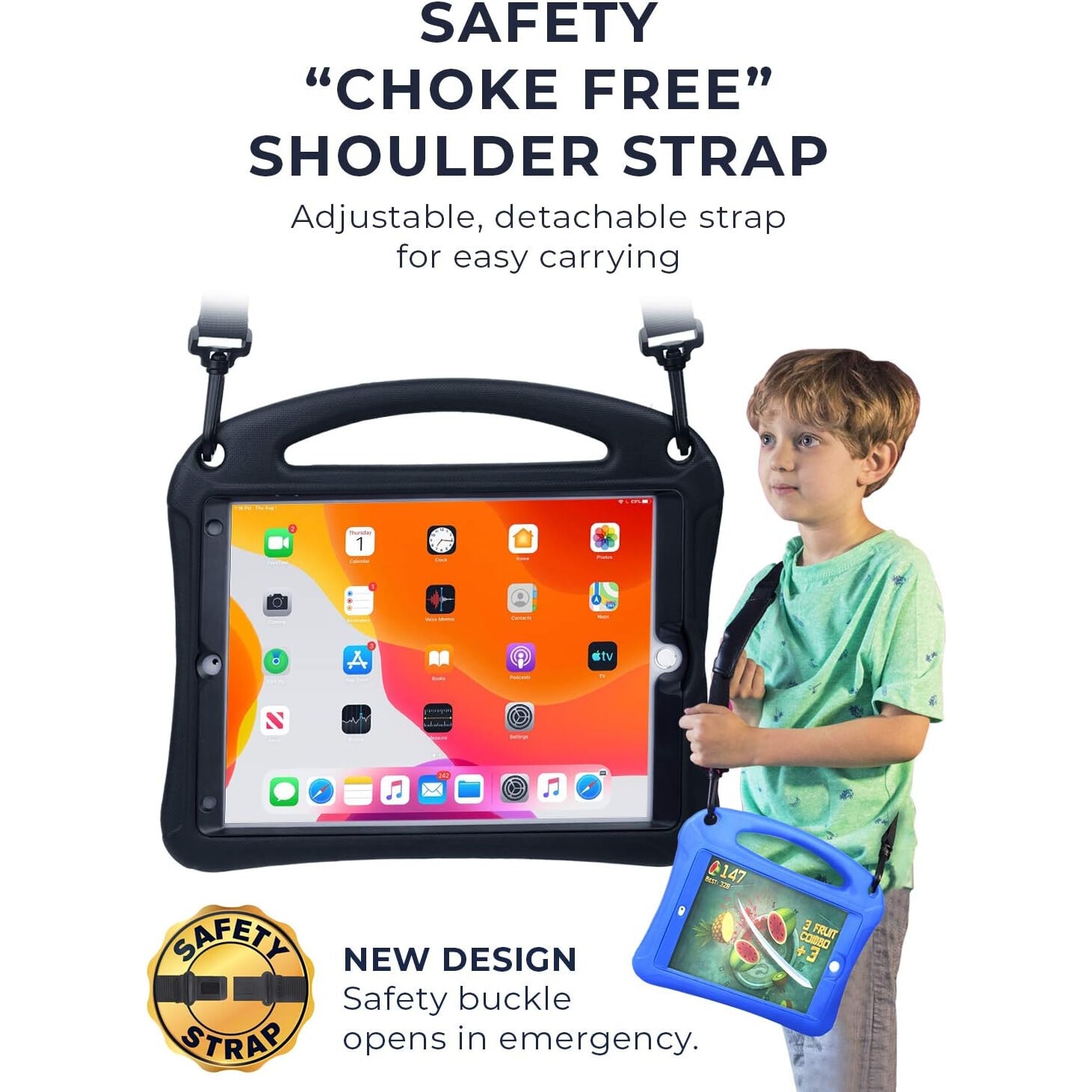 Husa Bam Bino pentru iPad 10.5 inch, ideala pentru copii, cu curea de umar, negru