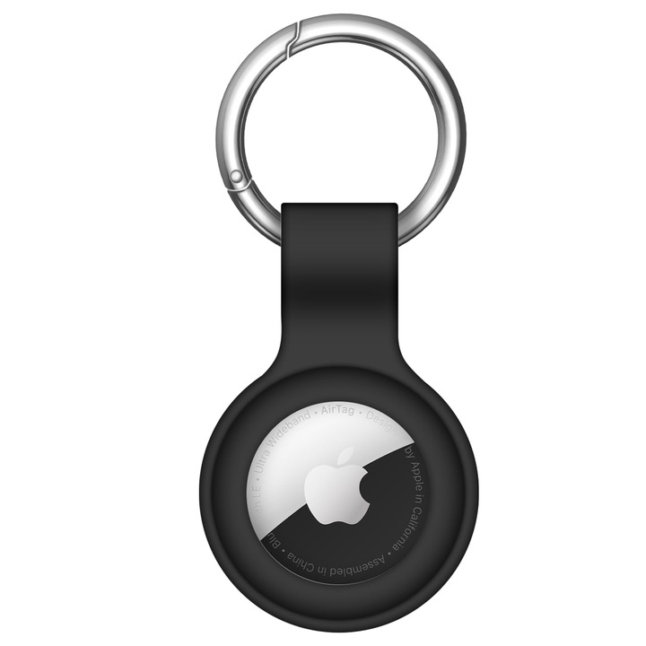 Силиконов калъф за AirTag, JENUOS®, метален ключодържател, Anti-lost с метални щипки, черен