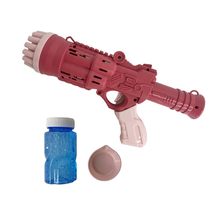 Пистолет Bubble Gun, за правене на сапунени мехури, SR-IT, 24 дупки, цветни балони, 27 см X 13 см X 6 см, за дейности на открито, резервоар с включен разтвор, Розов, HAPPY JOKER®