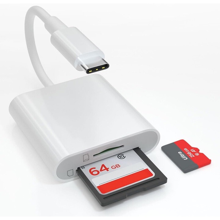 Адаптер за четец на карти памет MicroSD/SD/TF, USB C 3.0, бял
