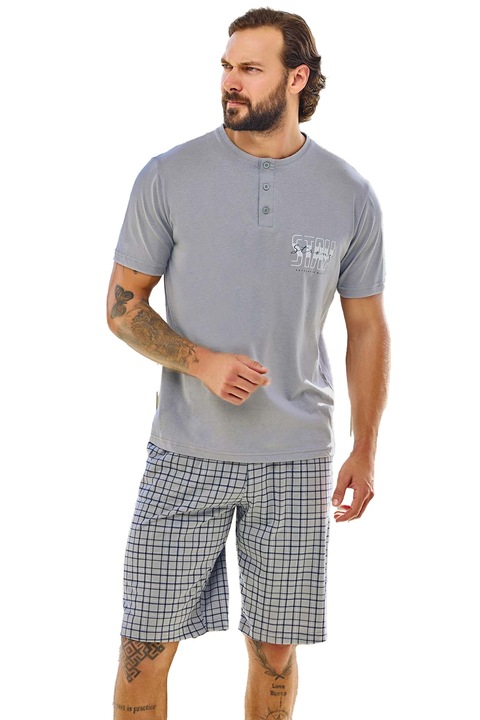 Férfi pamut pizsama, rövid ujjú póló rövid nadrággal, Szürke