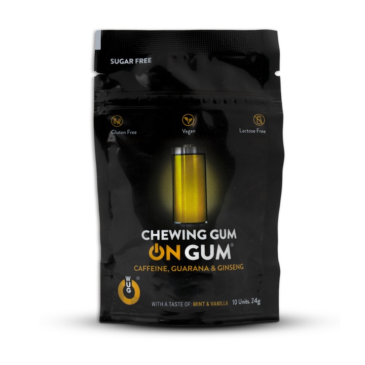Wugum ON GUM - cukormentes energetizáló rágógumi, koffein, ginzeng és guarana kivonattal, vegán, menta és vanília ízű, 10 x 25 mg