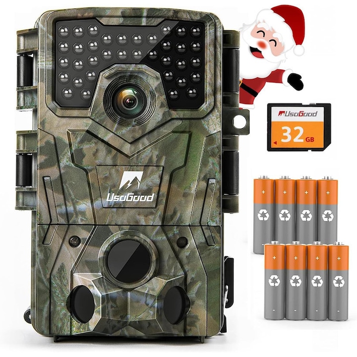 Camera de Vanatoare Usogood, 36MP/4K 30fps Trail Camera cu Night Vison Motion Activated cu 8 baterii si card de memorie de 32 GB, 120 ° unghi de detectie 850nm IR LED-uri IP66 rezistent la apa pentru gradina in aer liber