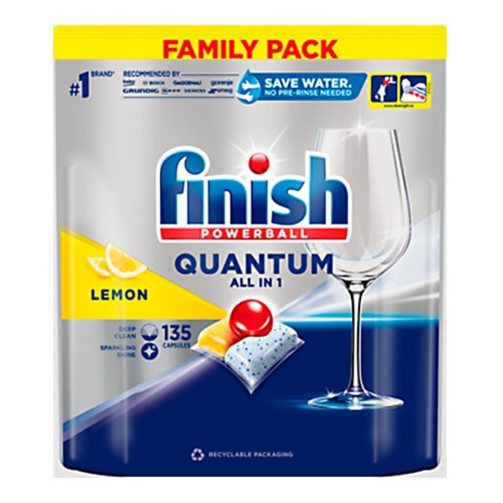 Капсули за съдомиялна Finish Powerball Quantum Всичко в 1, Лимон, 135 бр.