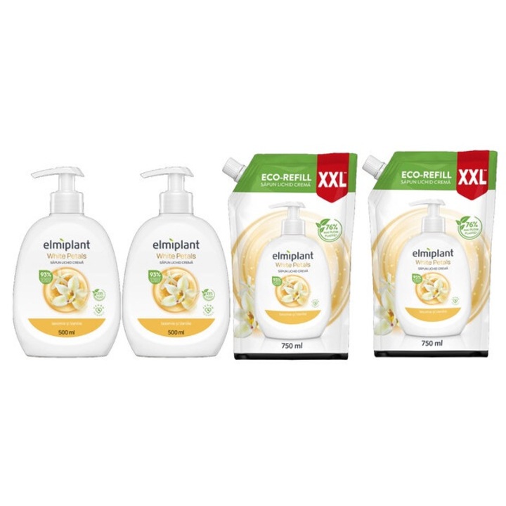 Elmiplant Комплект за лична хигиена 4 x Компоненти, 2 x Течен сапун 500 ml White Petals, 2 x Резервен течен сапун 750 ml White Petals, ефективно почистване, интензивна хидратация, лесно нанасяне, предотвратява дразнене, дерматологично тестван