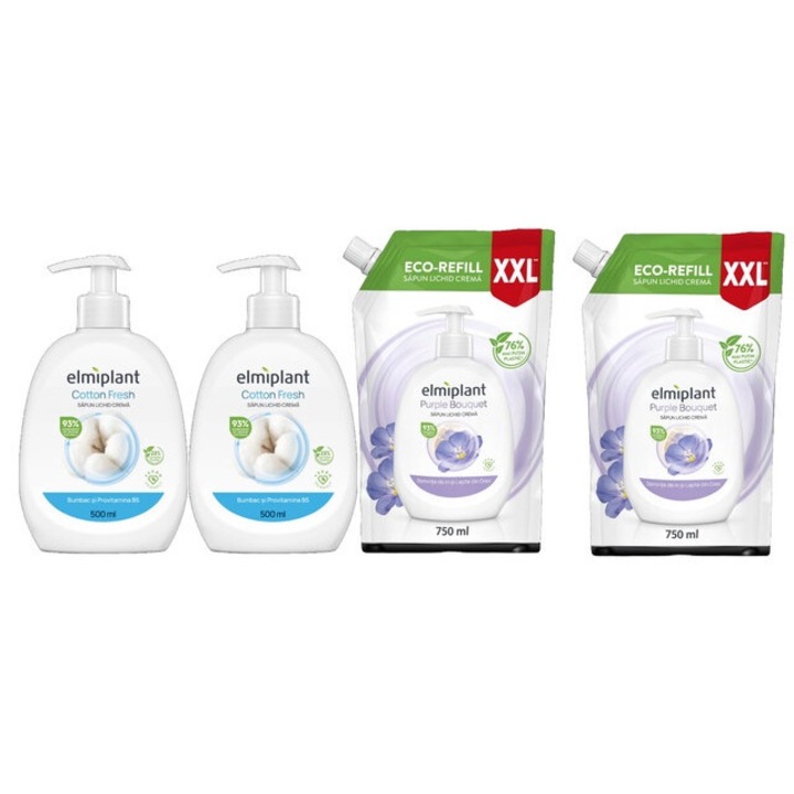 Elmiplant Комплект за лична хигиена 4 x компонента, 2 x течен сапун 500 ml Cotton Fresh, 2 x резервен течен сапун 750 ml Purple Bouquet, ефективно почистване, интензивна хидратация, лесно нанасяне, предотвратява дразнене, дерматологично тестван