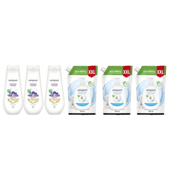 Elmiplant Комплект за лична хигиена 6 x Компоненти, 3 x Кремообразен душ гел 400 ml Moisture Miracle, 3 x Резервен течен сапун 750 ml Cotton Fresh, ефективно почистване, интензивна хидратация, лесно нанасяне, предотвратява дразнене, дерматологично тестван
