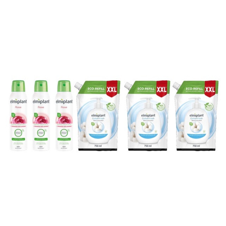 Elmiplant Комплект за лична хигиена 6 x Компоненти, 3 x Дезодорант спрей 150 ml Rose, 3 x Резервен течен сапун 750 ml Cotton Fresh, ефективно почистване, интензивна хидратация, лесно нанасяне, предотвратява дразнене, дерматологично тестван